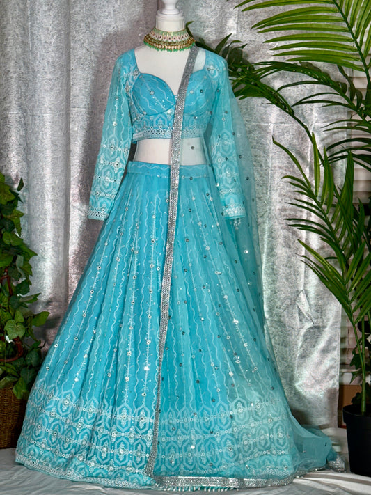 Turquoise Blue Georgette Lehenga with Silver Embroidery