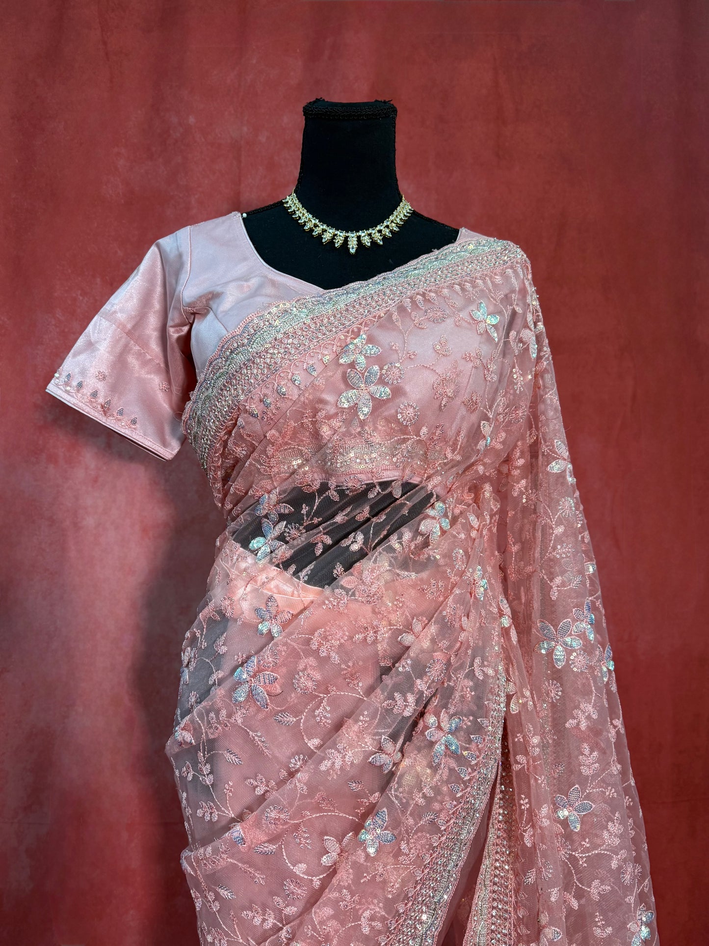 Premium Ready-to-Wear Soft Pink Net Saree with Sequins and Handwork