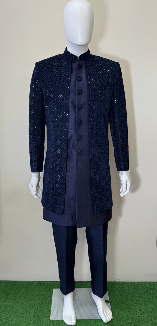 Elegant Dark Navy Blue Sherwani with Matching Pants