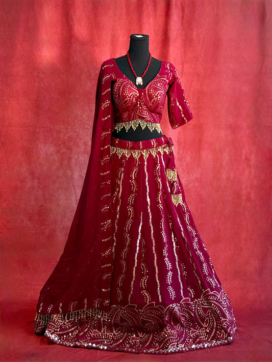 Stunning Red Pure Georgette Lehenga with Embroidery Work