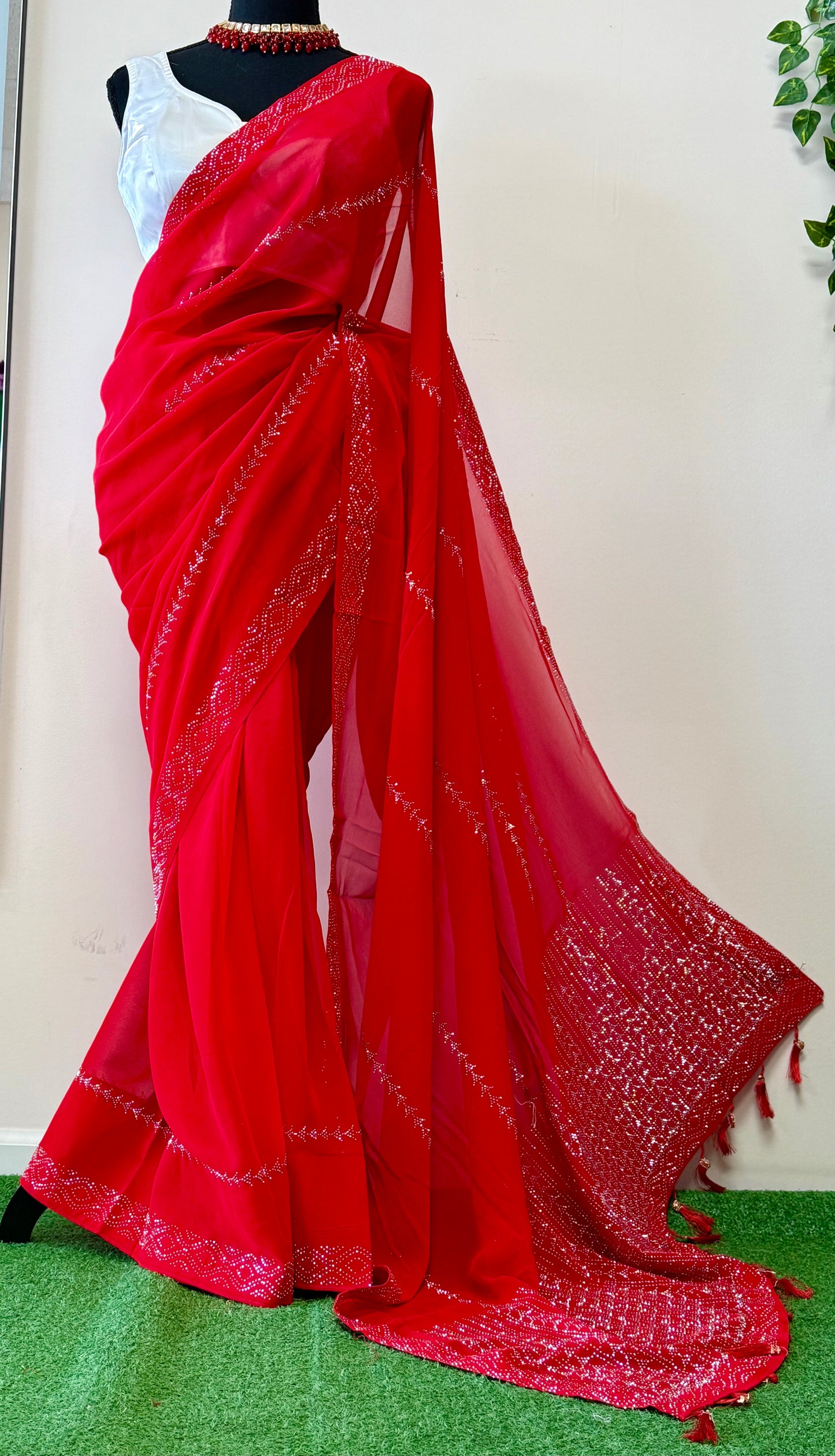 Pure Red Georgette Saree with White Surakshi Work