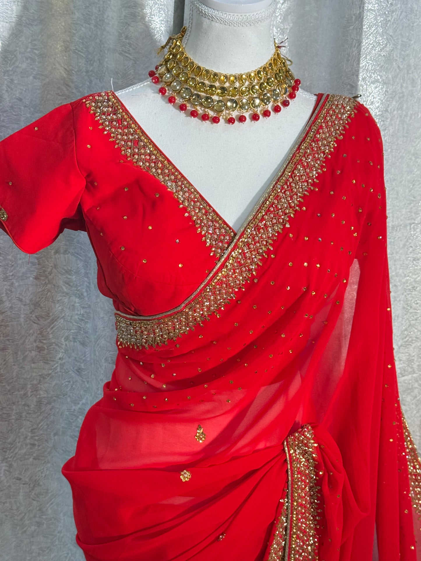 Ruhani Rouge Hand-stitched Georgette Saree Set (Includes Stitched Blouse)