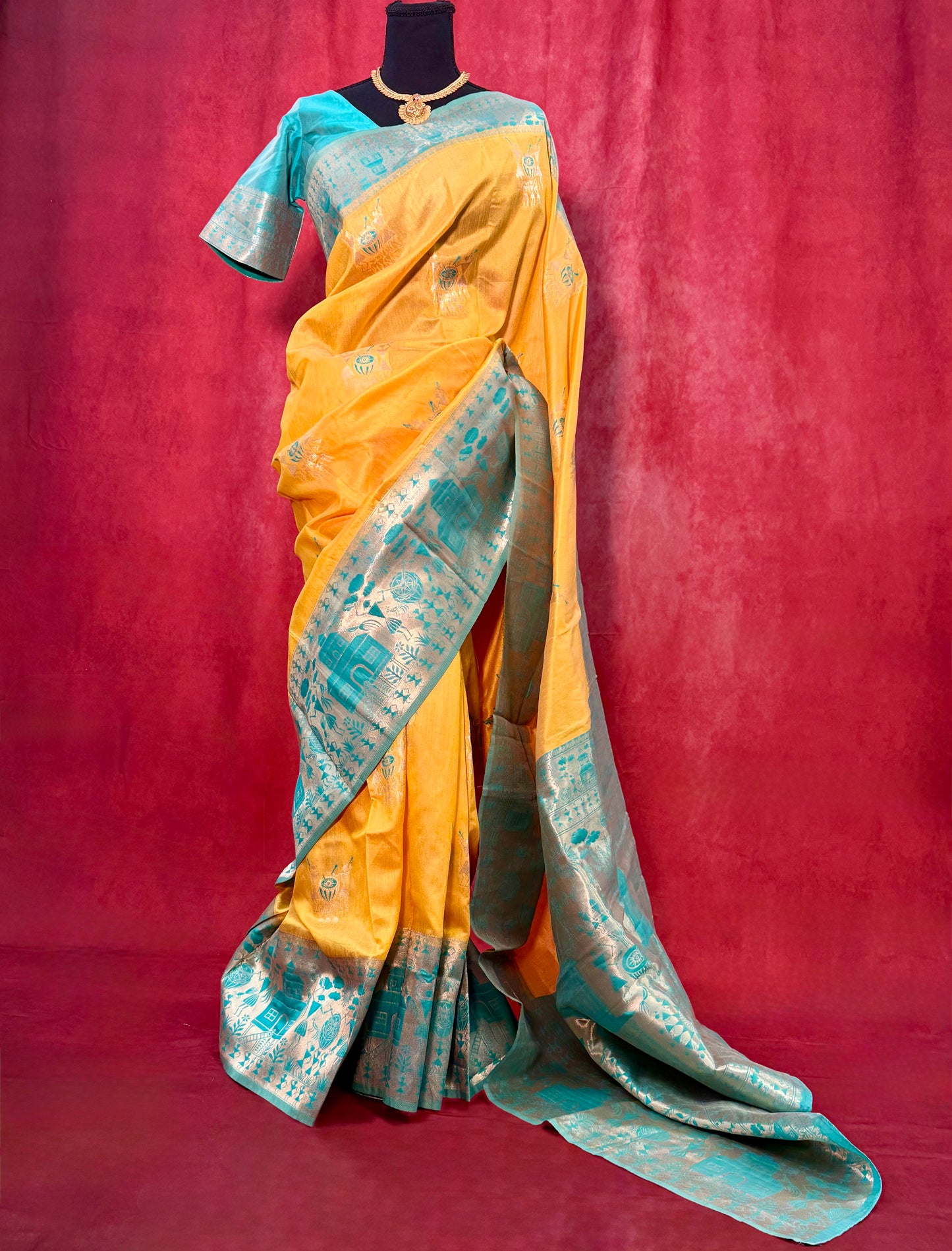 Yellow Silk Saree with Teal Highlights (Includes Stitched Blouse)