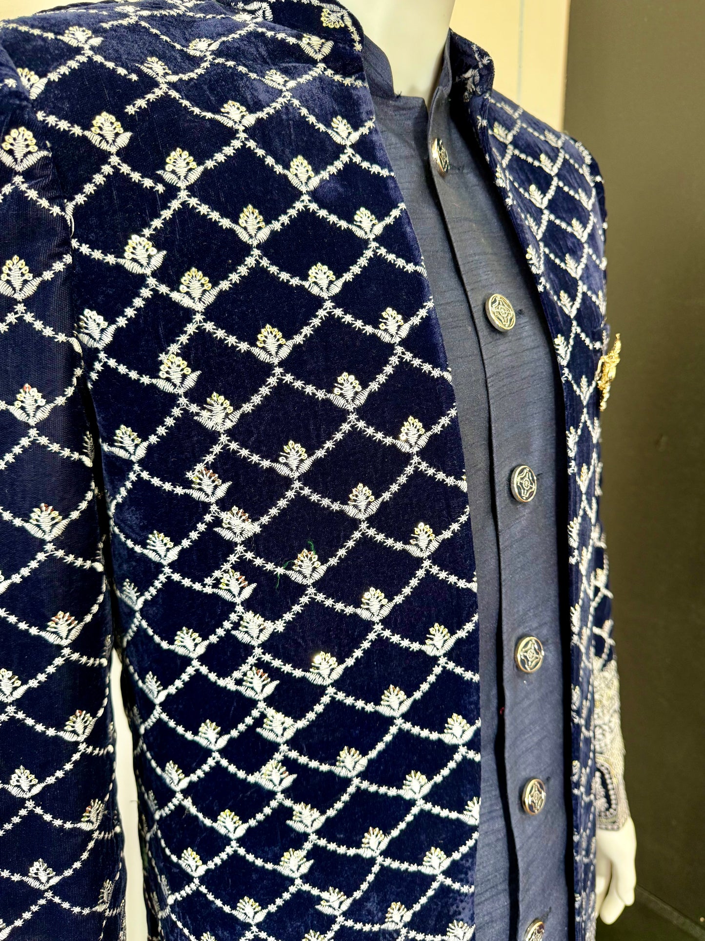 Dark Blue Sherwani with Intricate White Embroidery