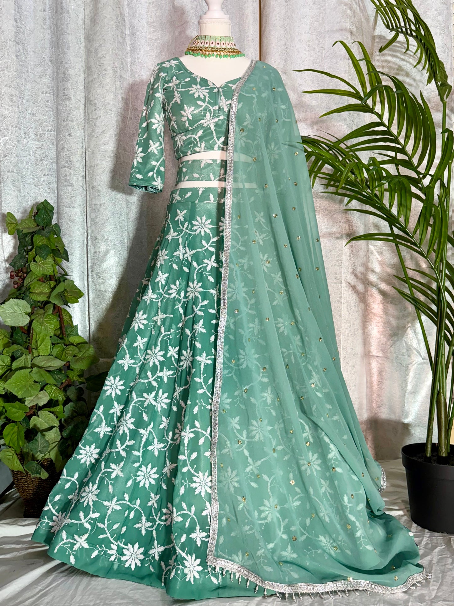 Light Green Georgette Ensemble with White Embroidery and Lace Details (with belt)