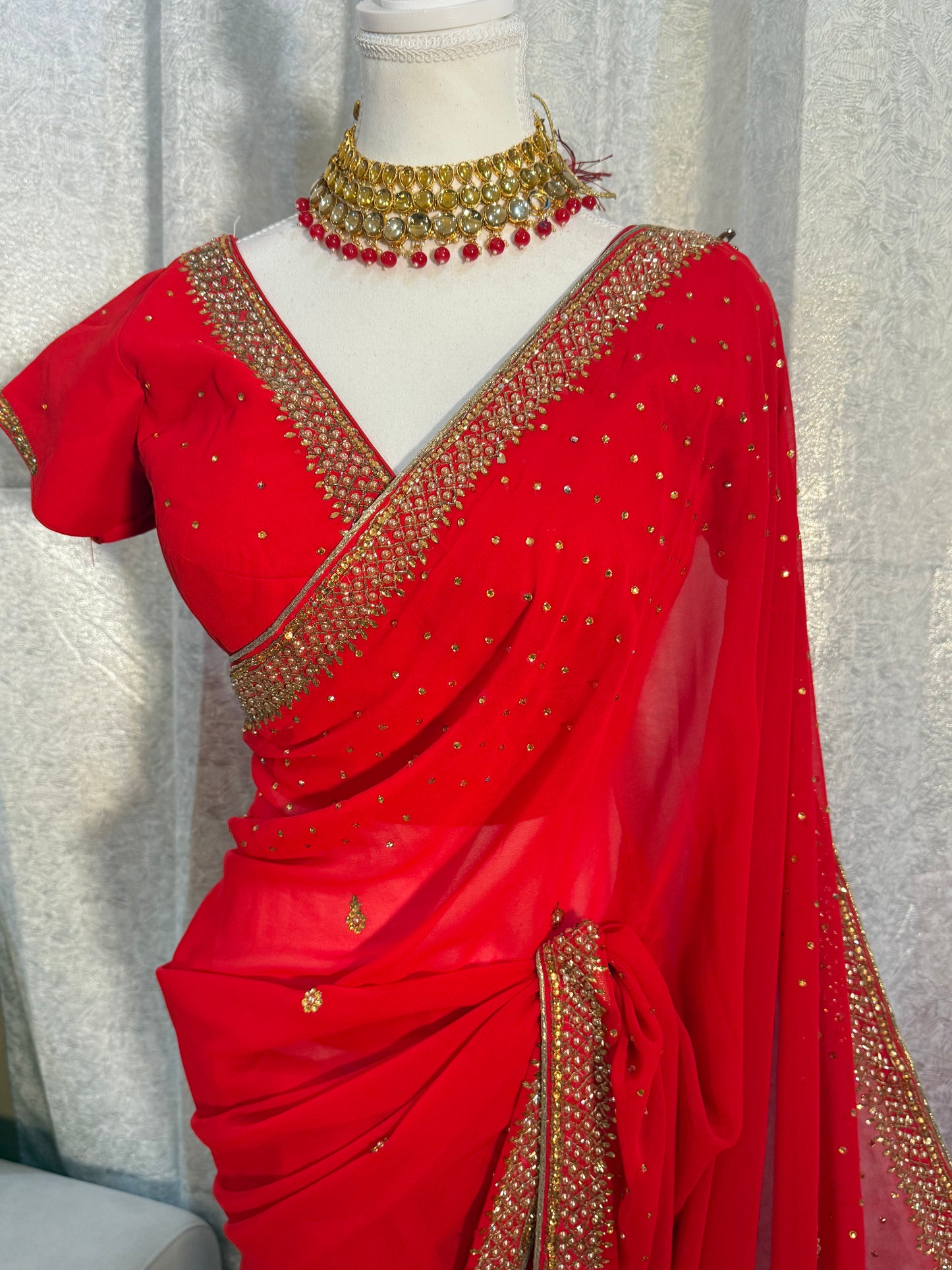 Ruhani Rouge Hand-stitched Georgette Saree Set (Includes Stitched Blouse)