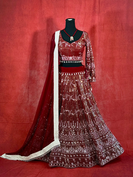 Dazzling Red Georgette Lehenga with Heavy Sequins Work