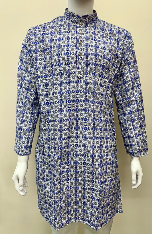 Blue Digital Print Men’s Kurta with White Patterns and Matching Pants