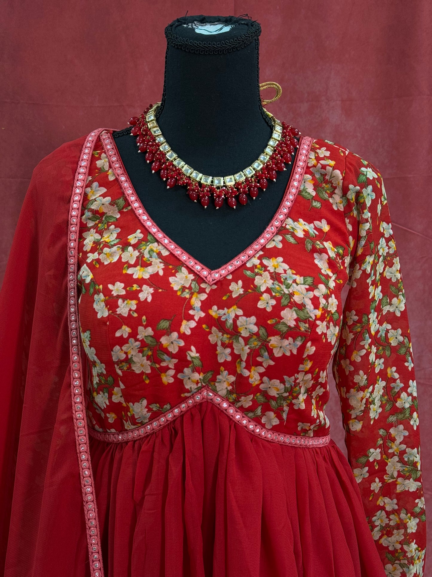 Red Floral Detail Anarkali with Georgette Umbrella Design and Pant Dupatta