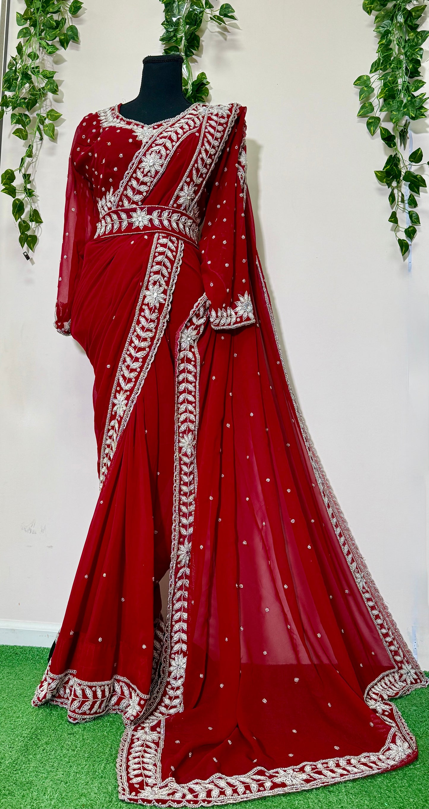 Pure Georgette Saree – Maroon with Exquisite Handwork (Includes Stitched Blouse)