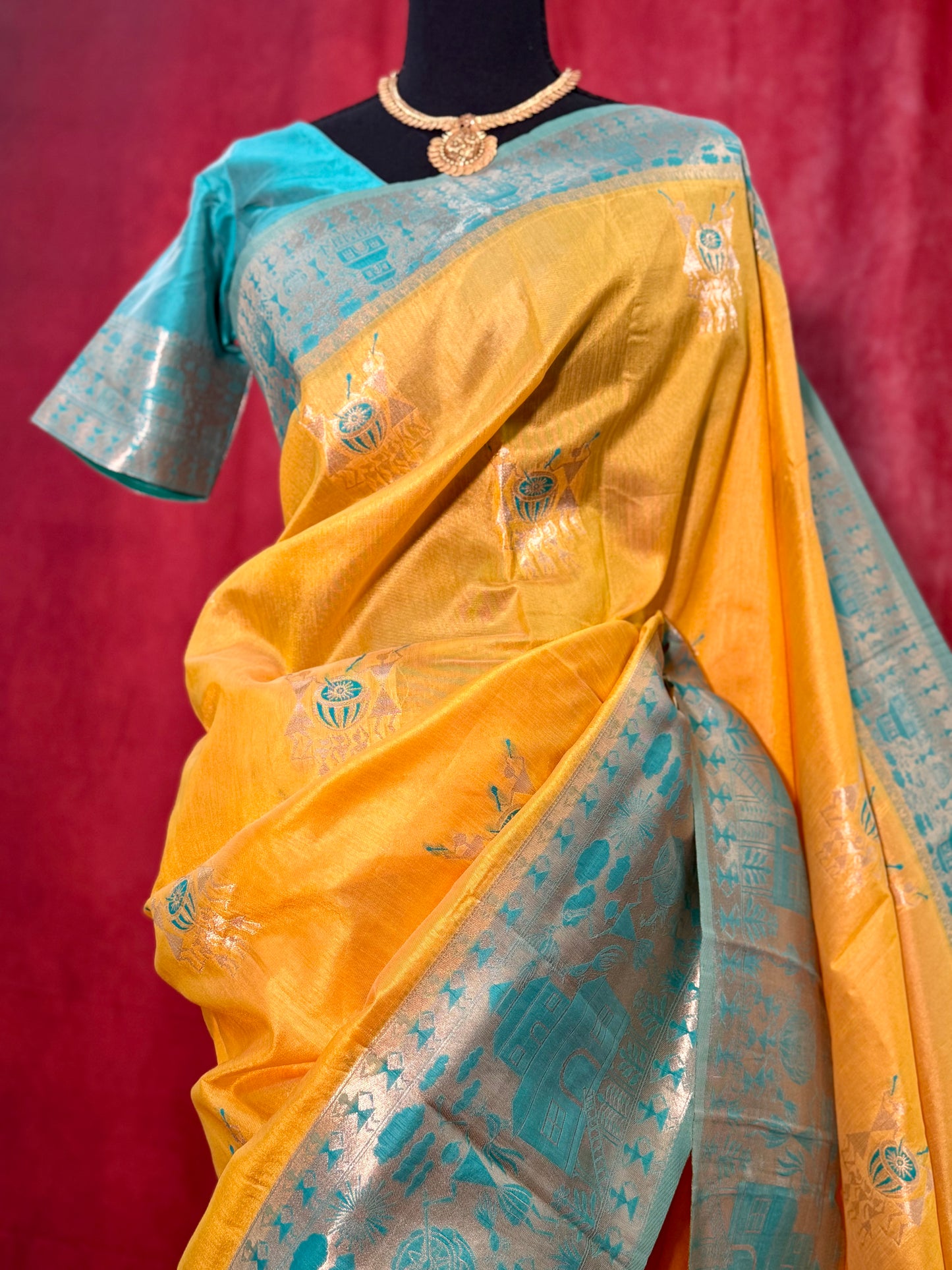 Yellow Silk Saree with Teal Highlights (Includes Stitched Blouse)