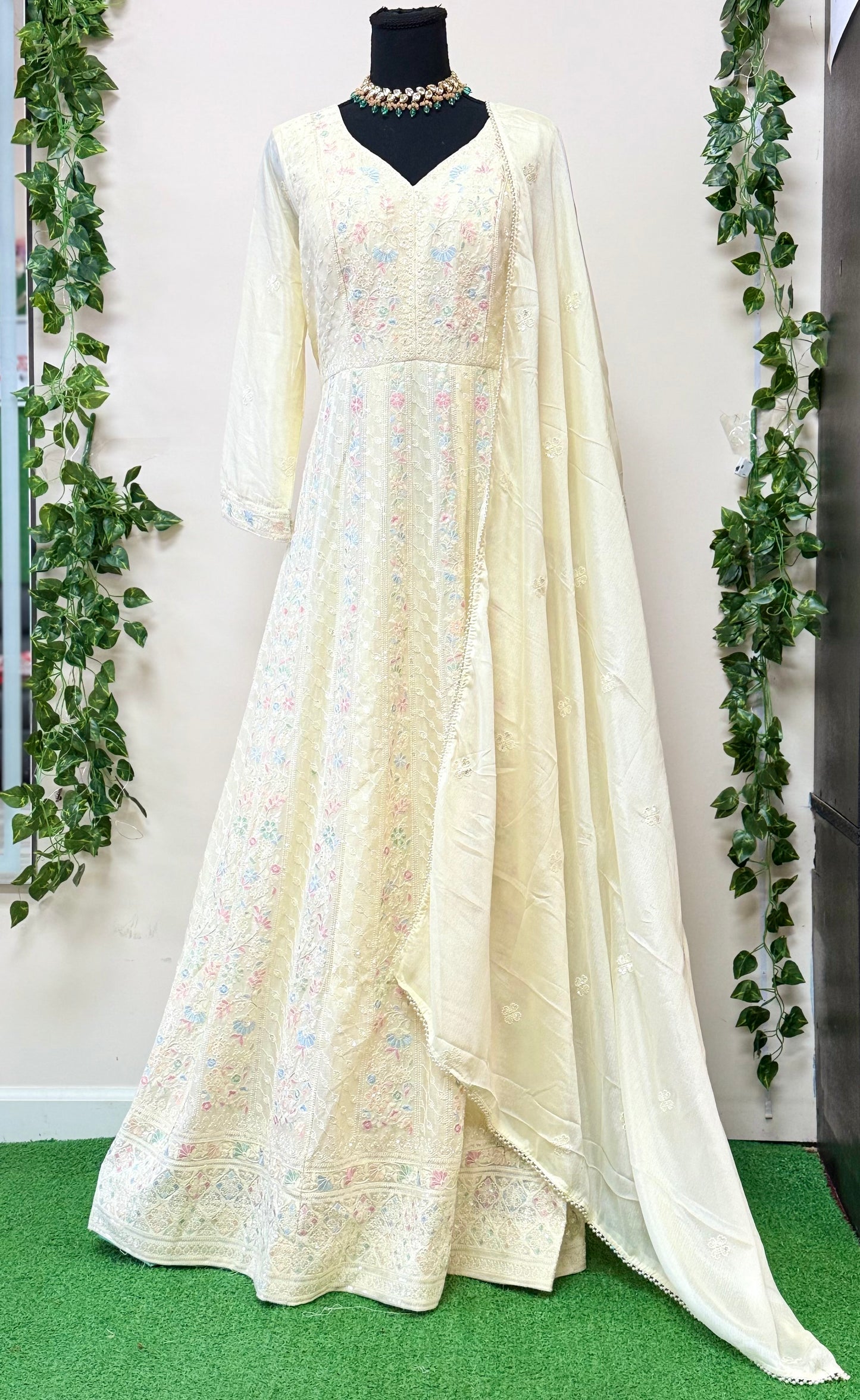 Off-White Designer Gown with Chiffon Dupatta & Lucknowi Chikankari