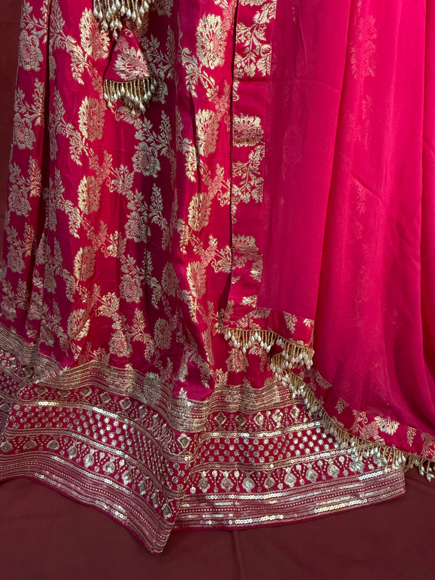 Hot Pink Banarasi Lehenga with Soft Chiffon Dupatta and Golden Zari Work