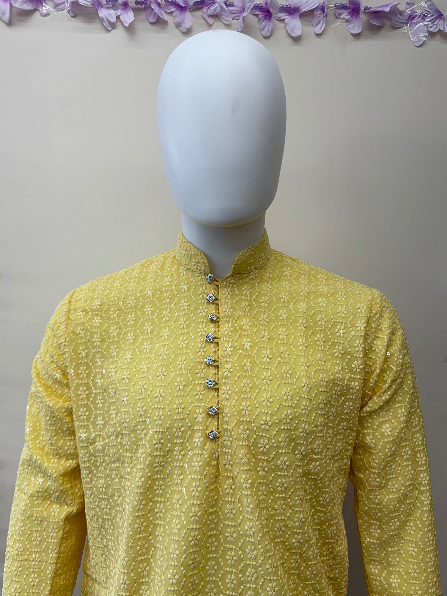 Yellow Pure Georgette Chikankari Men’s Kurta