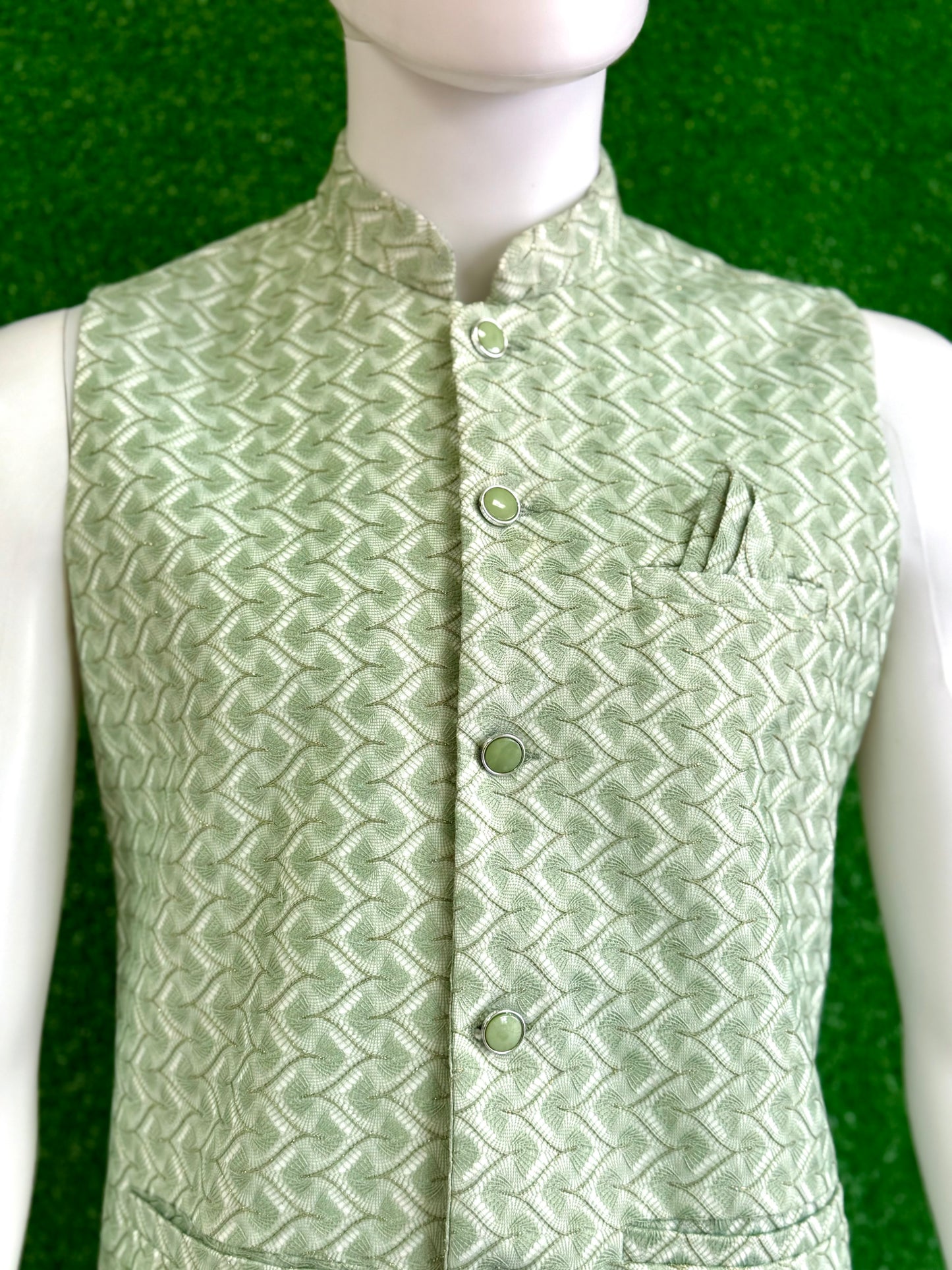 Light Green Modi Coat with White Geometric Pattern