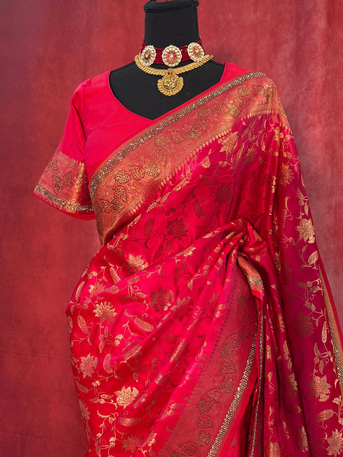 Radiant Red Pure Khatan Silk Saree (Includes Stitched Blouse)