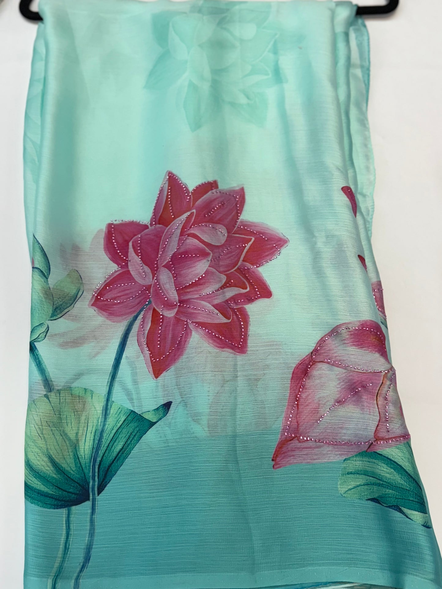 Light Turquoise Chinon Digital Print Saree with Pink Floral Motifs