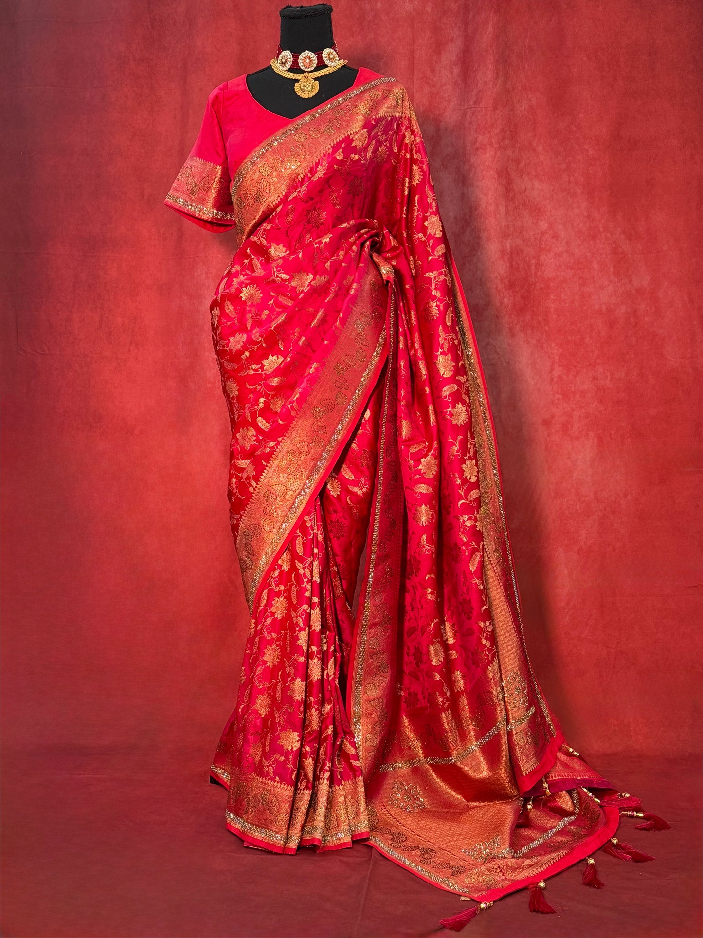 Radiant Red Pure Khatan Silk Saree (Includes Stitched Blouse)