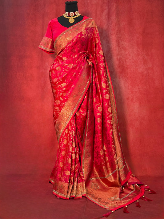 Radiant Red Pure Khatan Silk Saree (Includes Stitched Blouse)