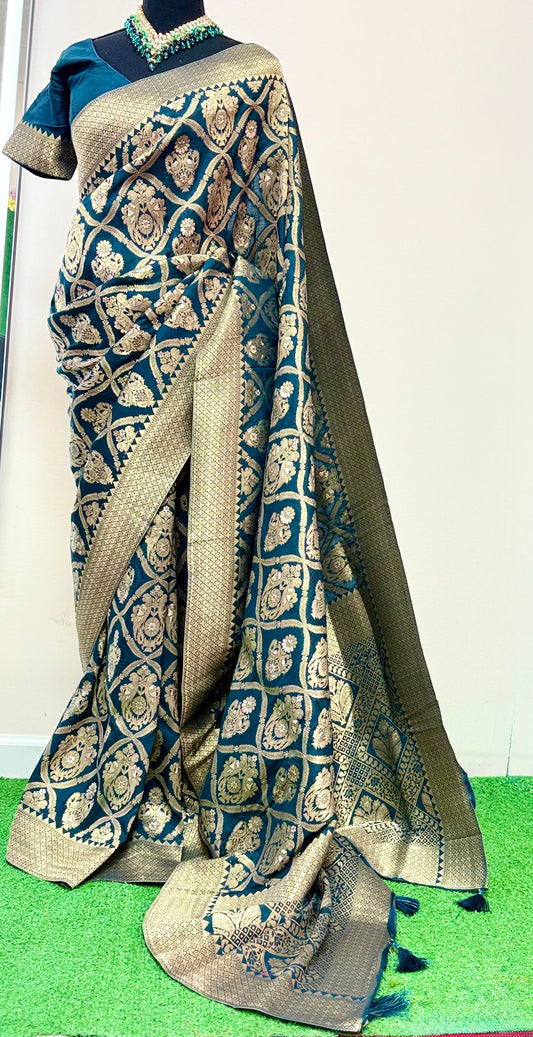 Deep Blue Katan Silk Saree with Intricate Gold Patterns (Includes Stitched Blouse)