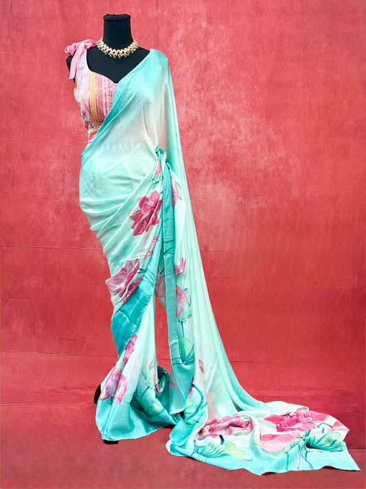 Light Turquoise Chinon Digital Print Saree with Pink Floral Motifs