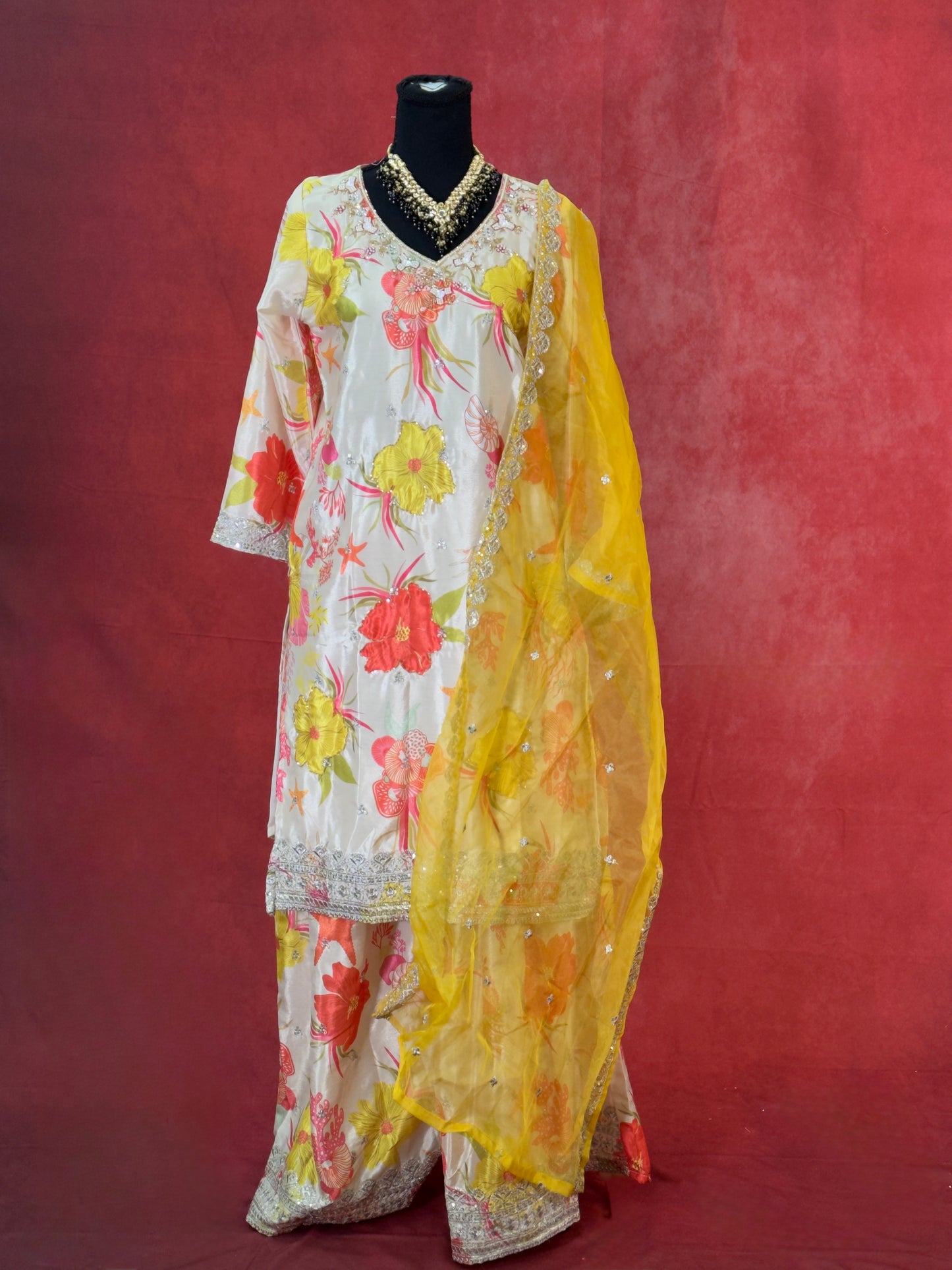 Floral White Sharara Set with Vibrant Yellow Dupatta