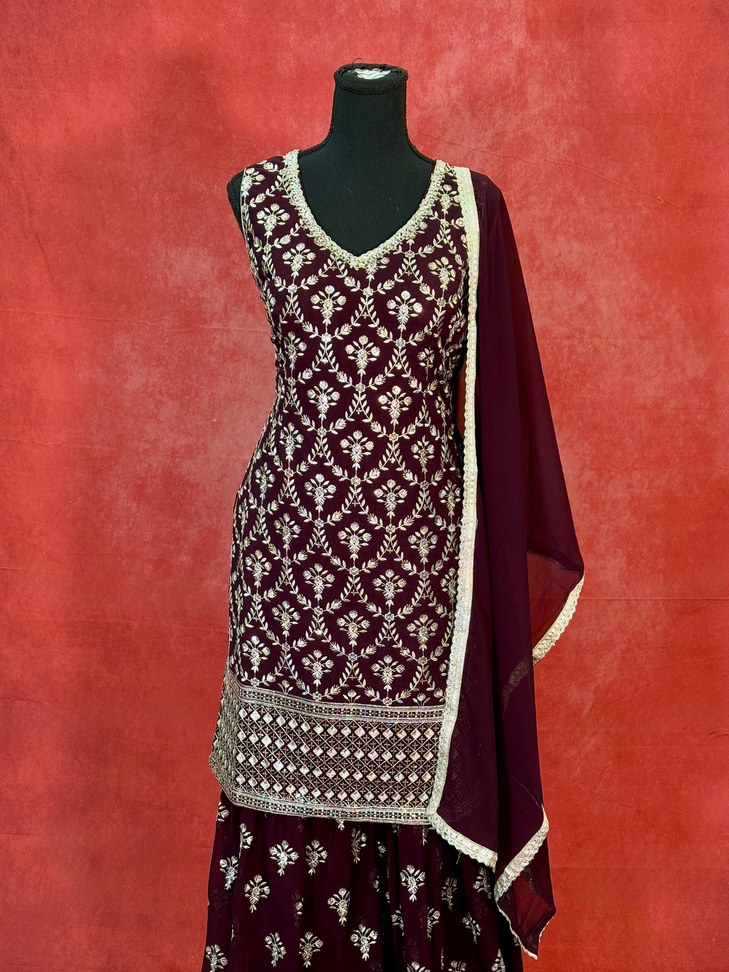 Regal Dark Maroon Handwork Sharara Set