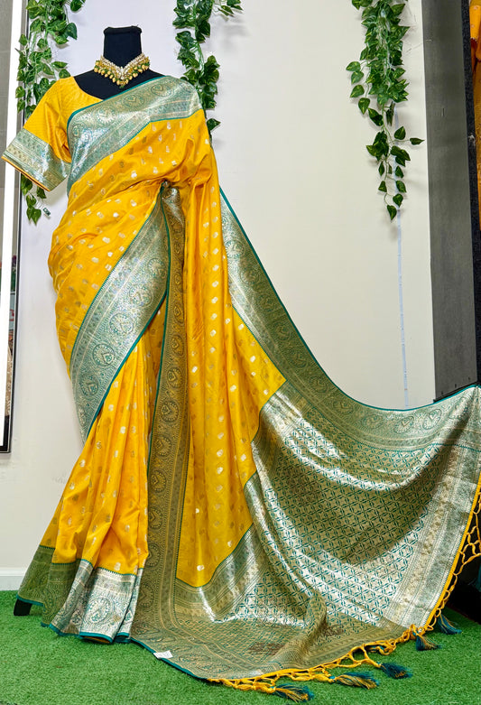 Pure Two-Tone Silk Saree – Yellow with Green & Silver Surakshi Detailing (Includes Stitched Blouse)