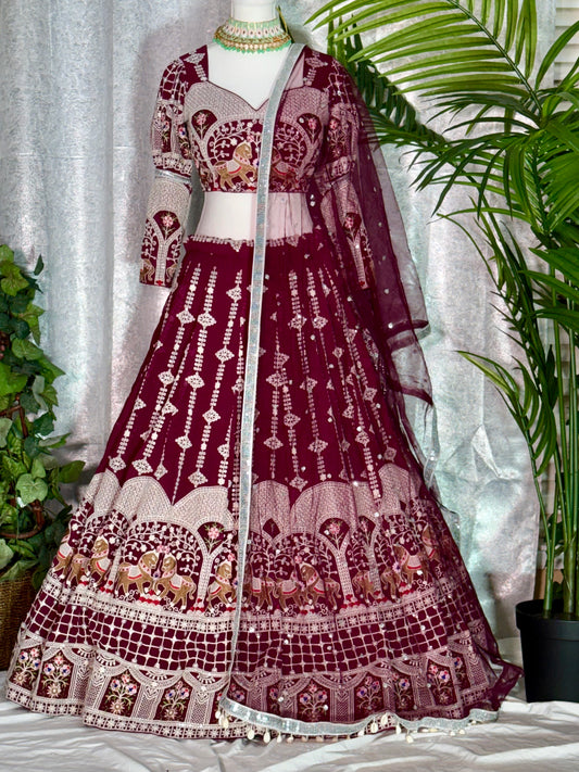 Deep Maroon Pure Georgette Lehenga with Intricate White & Gold Embroidery