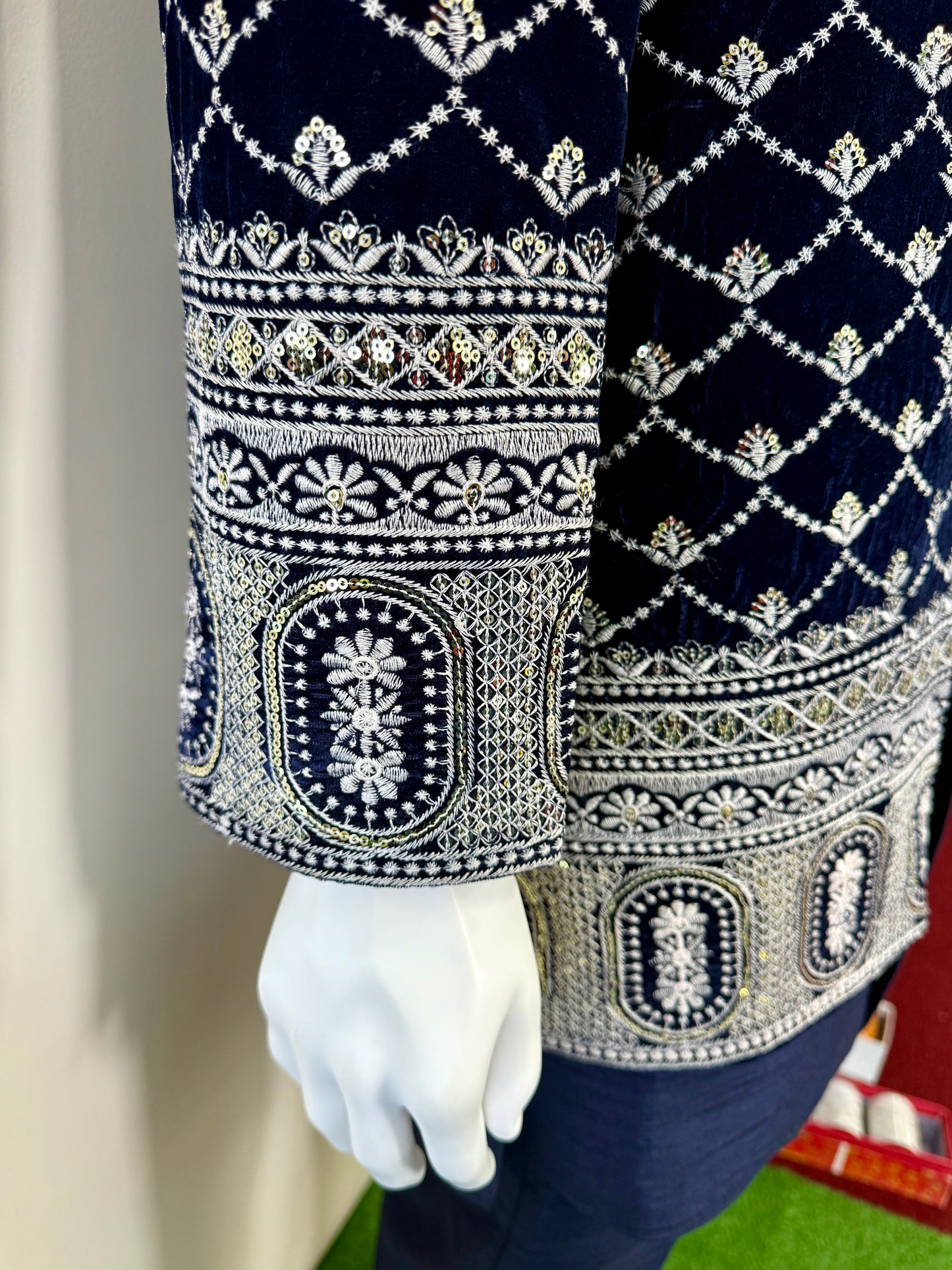 Dark Blue Sherwani with Intricate White Embroidery