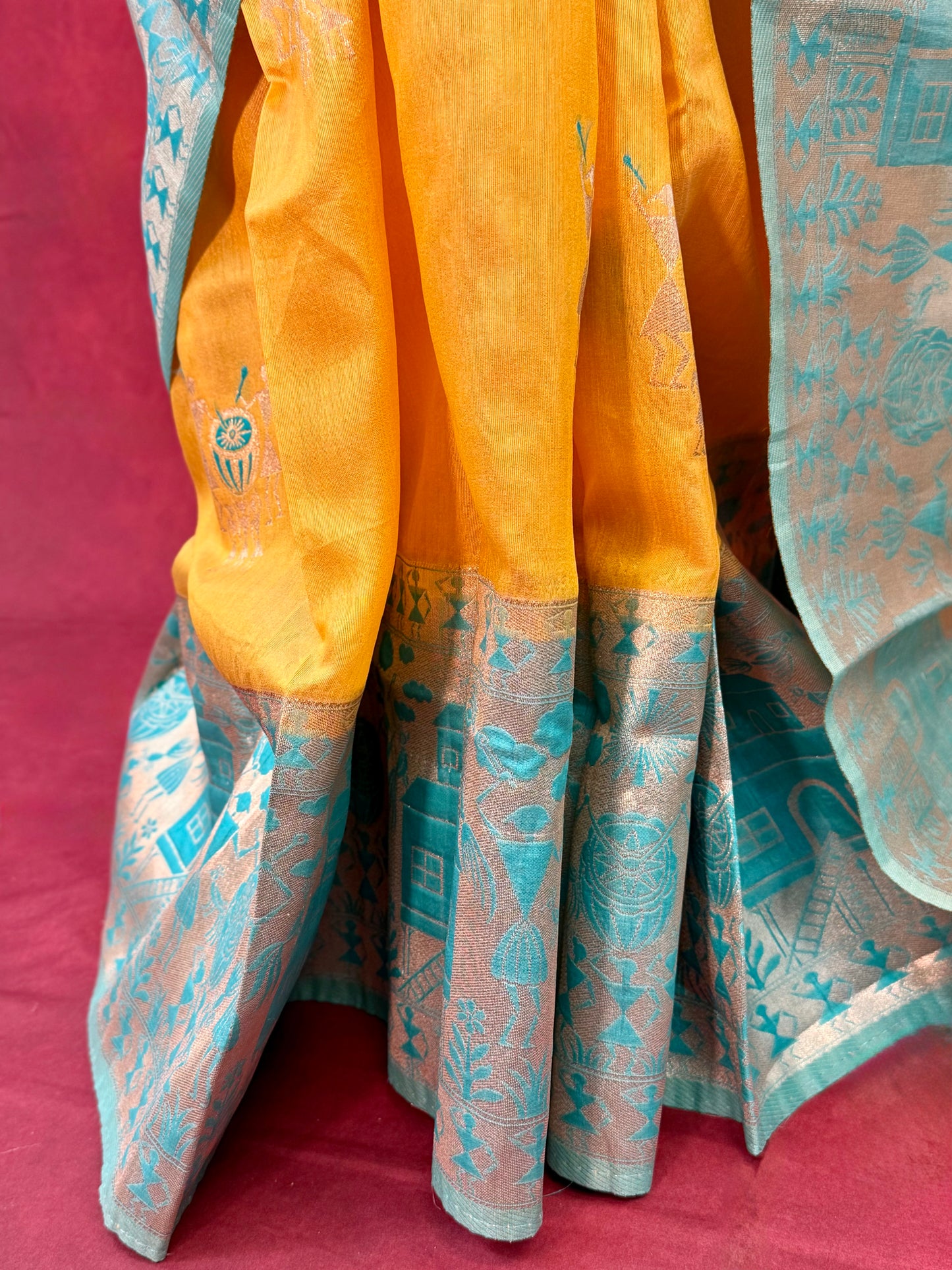 Yellow Silk Saree with Teal Highlights (Includes Stitched Blouse)