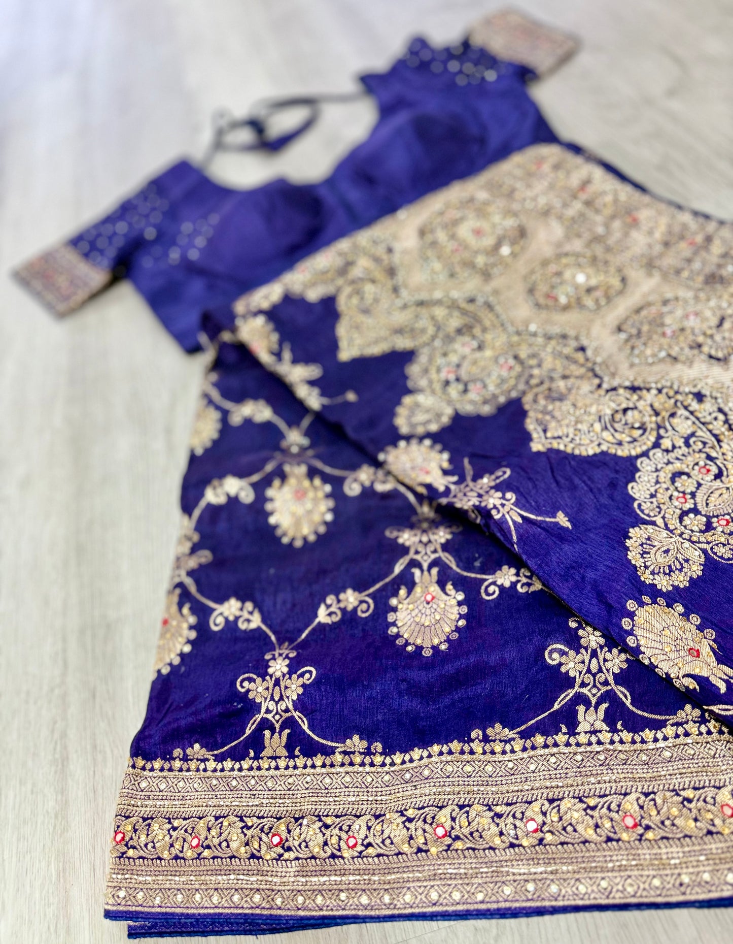 Pure Dola Silk Saree – Dark Blue with Gold & Beige Embroidery (Includes Stitched Blouse)