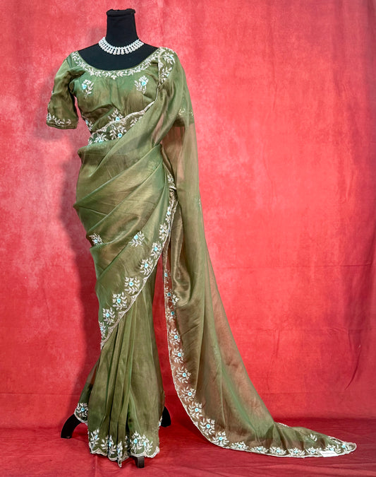 Ready-to-Wear Premium Green Organza Saree with Stitched Blouse