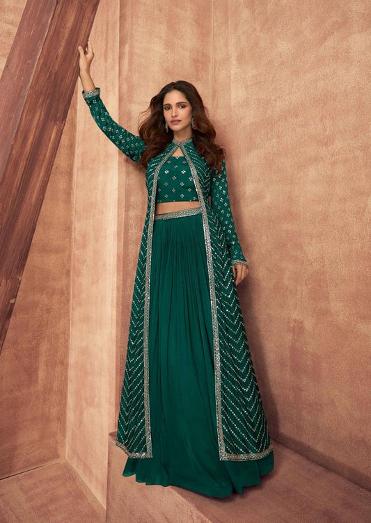 Enchanting Green Chinon Lehenga Choli Set