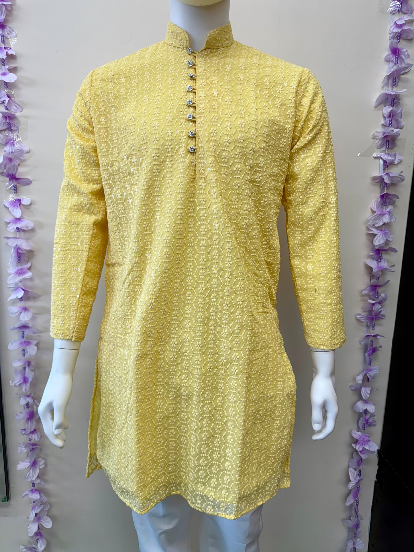 Yellow Pure Georgette Chikankari Men’s Kurta