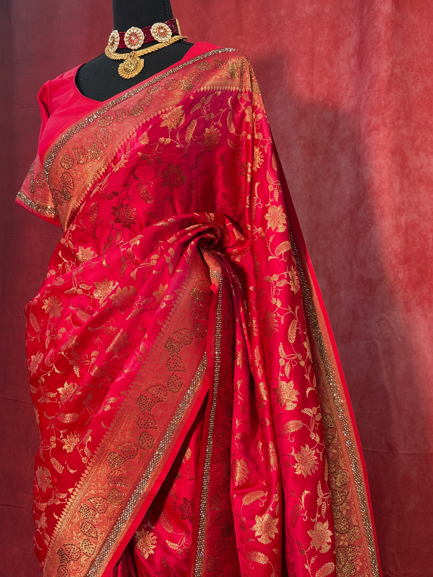 Radiant Red Pure Khatan Silk Saree (Includes Stitched Blouse)