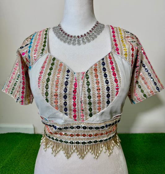 Traditional Rajasthani White Blouse with Multicolored Embroidery