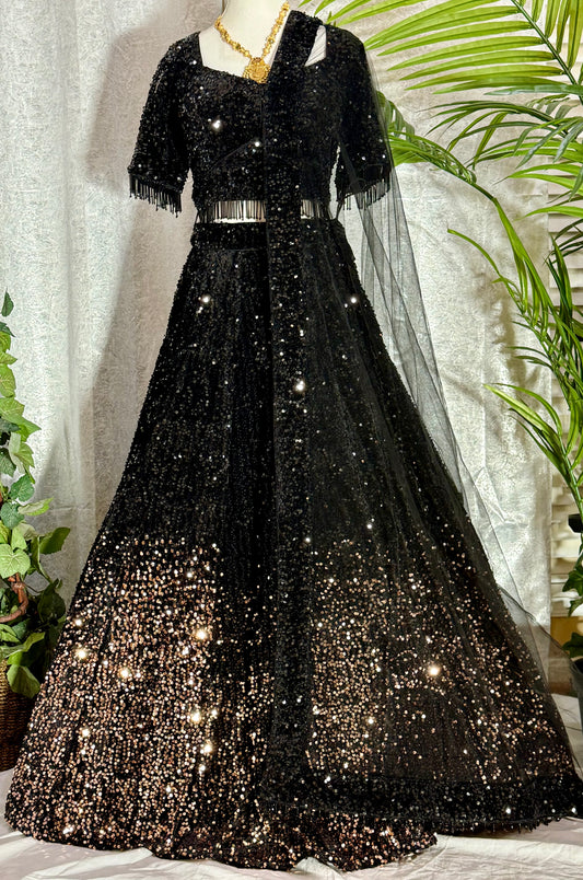 Opulent Pure Georgette Lehenga with Black and Gold Sequin Embellishments