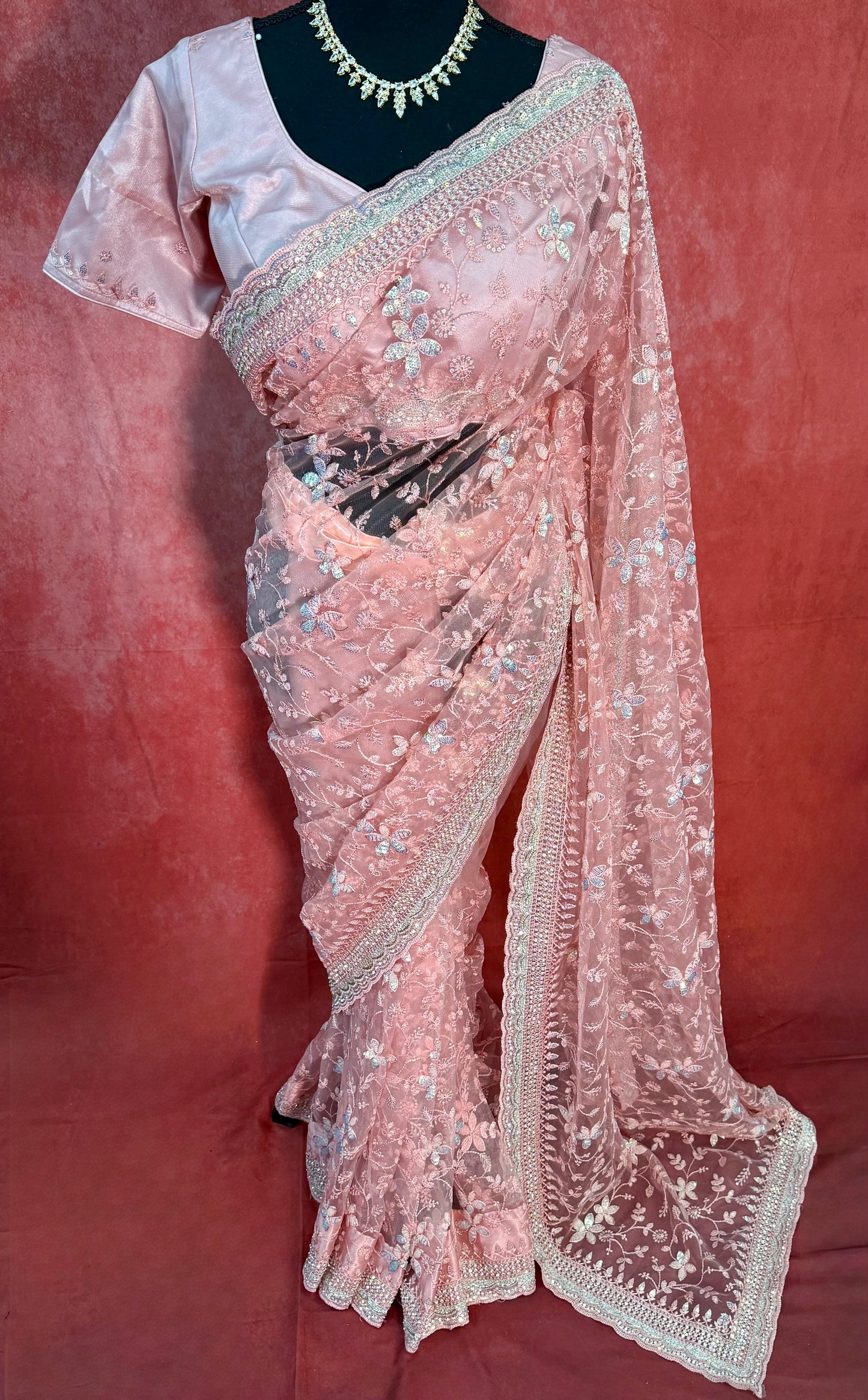 Premium Ready-to-Wear Soft Pink Net Saree with Sequins and Handwork