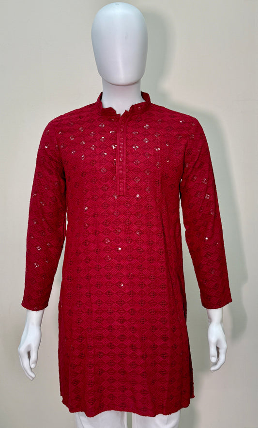 Stunning Red Chikankari Work Kurta for Men – Traditional Elegance (with zipper pant)