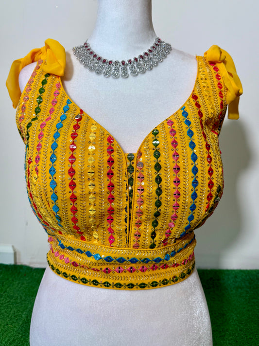 Rajasthani Pure Georgette Sleeveless Blouse in Yellow with Colorful Embellishments