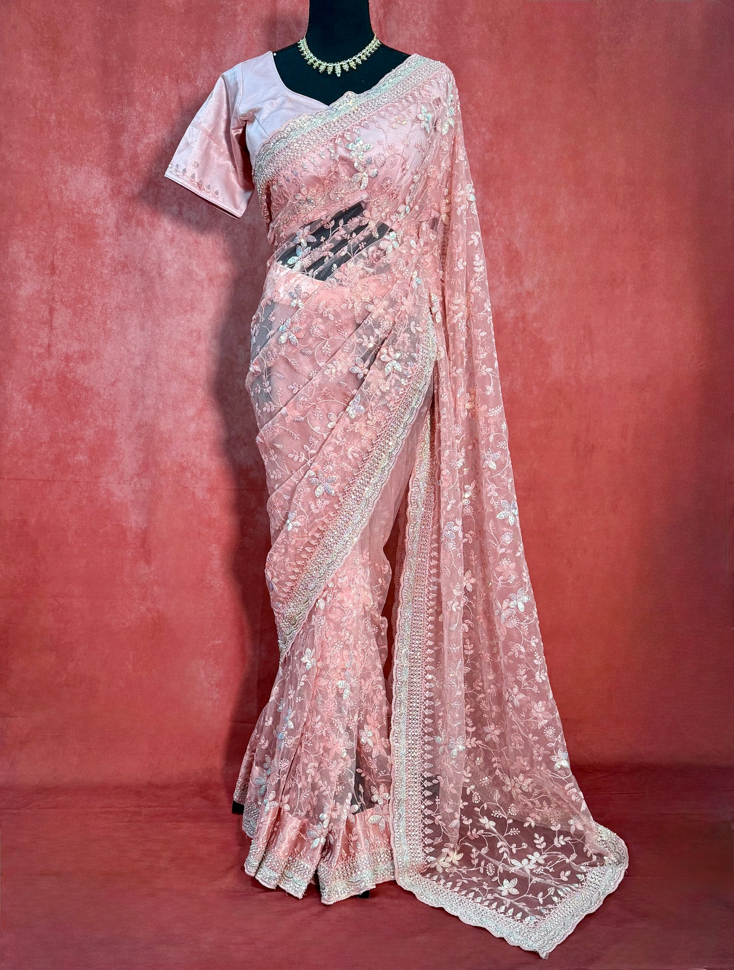 Premium Ready-to-Wear Soft Pink Net Saree with Sequins and Handwork