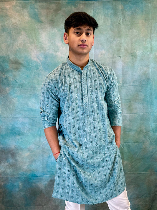 Subtle Patterned Blue Men’s Kurta with Pant Set