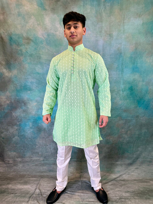 Subtle Patterned Light Green Men’s Kurta with Pant Set