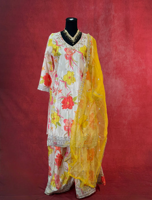 Floral White Sharara Set with Vibrant Yellow Dupatta