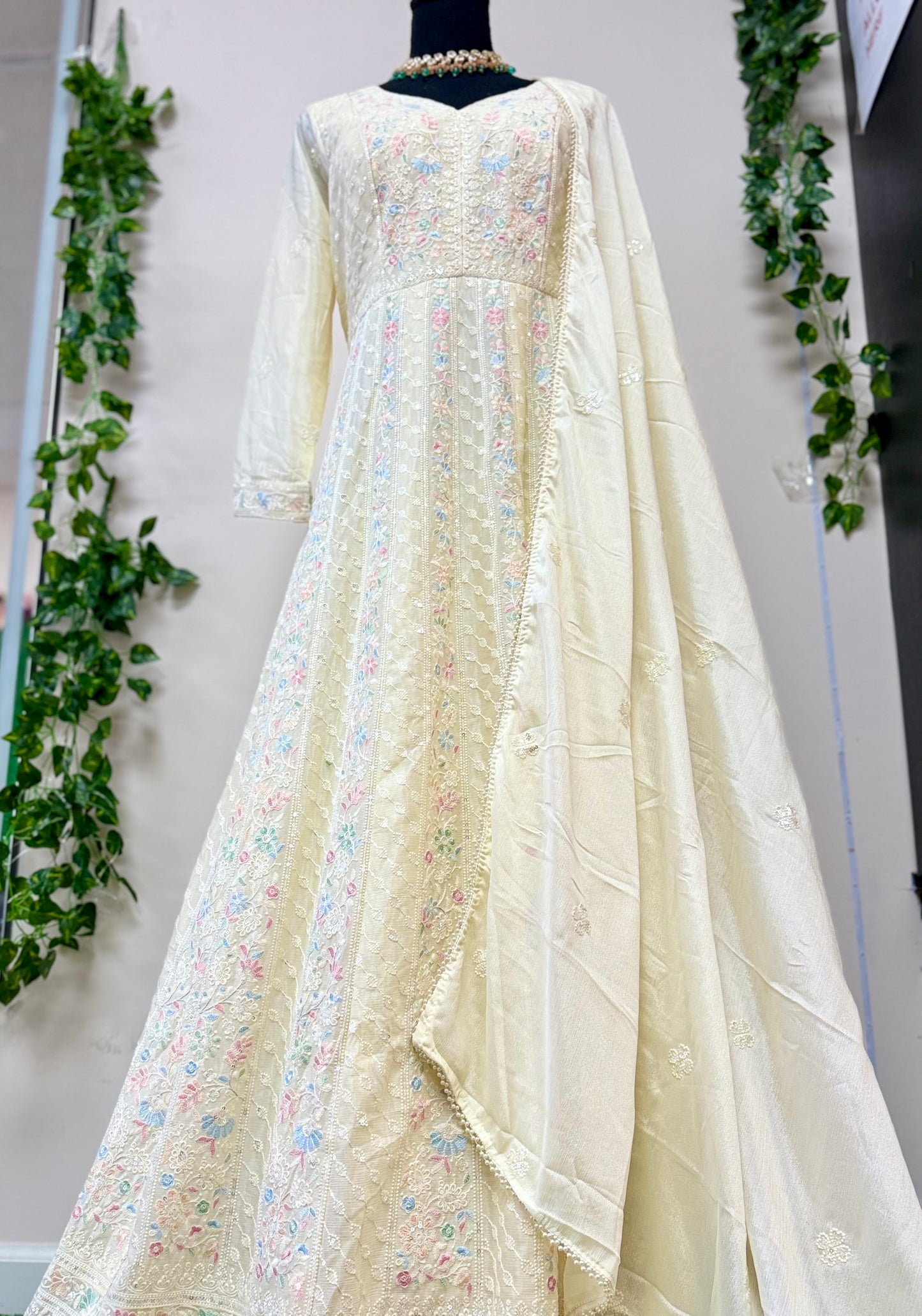 Off-White Designer Gown with Chiffon Dupatta & Lucknowi Chikankari