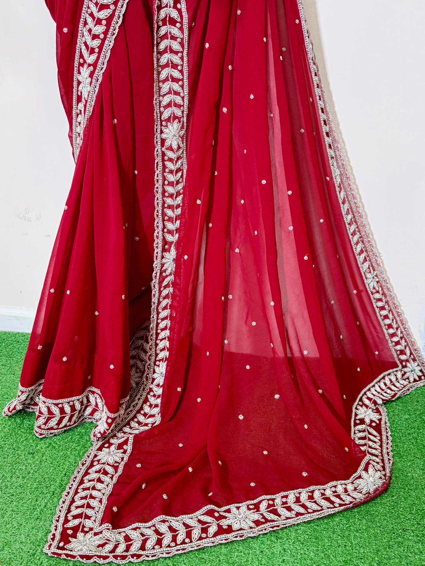 Pure Georgette Saree – Maroon with Exquisite Handwork (Includes Stitched Blouse)