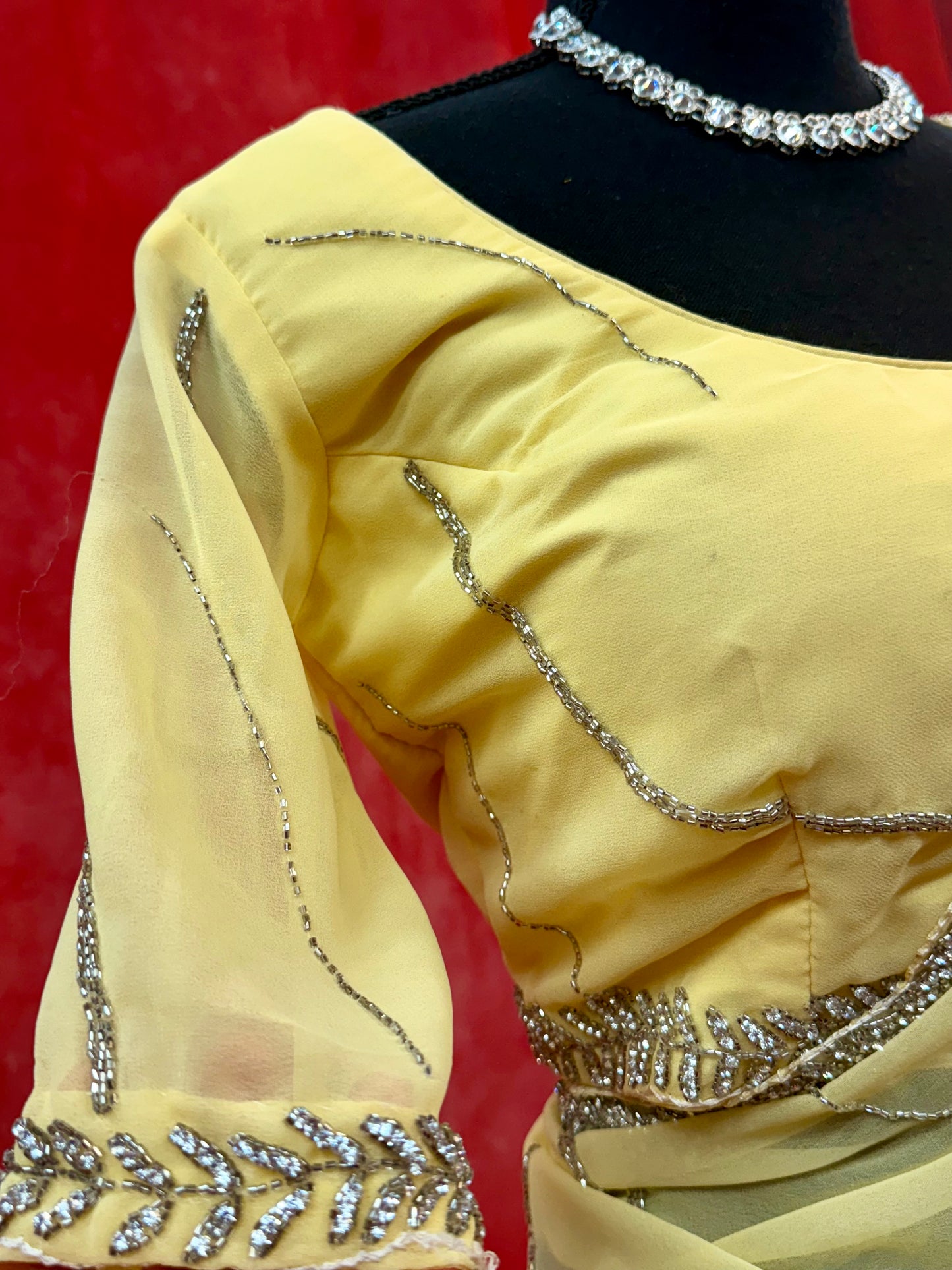 Elegant Yellow Pure Chiffon Saree with Intricate Handwork (Includes Stitched Blouse)