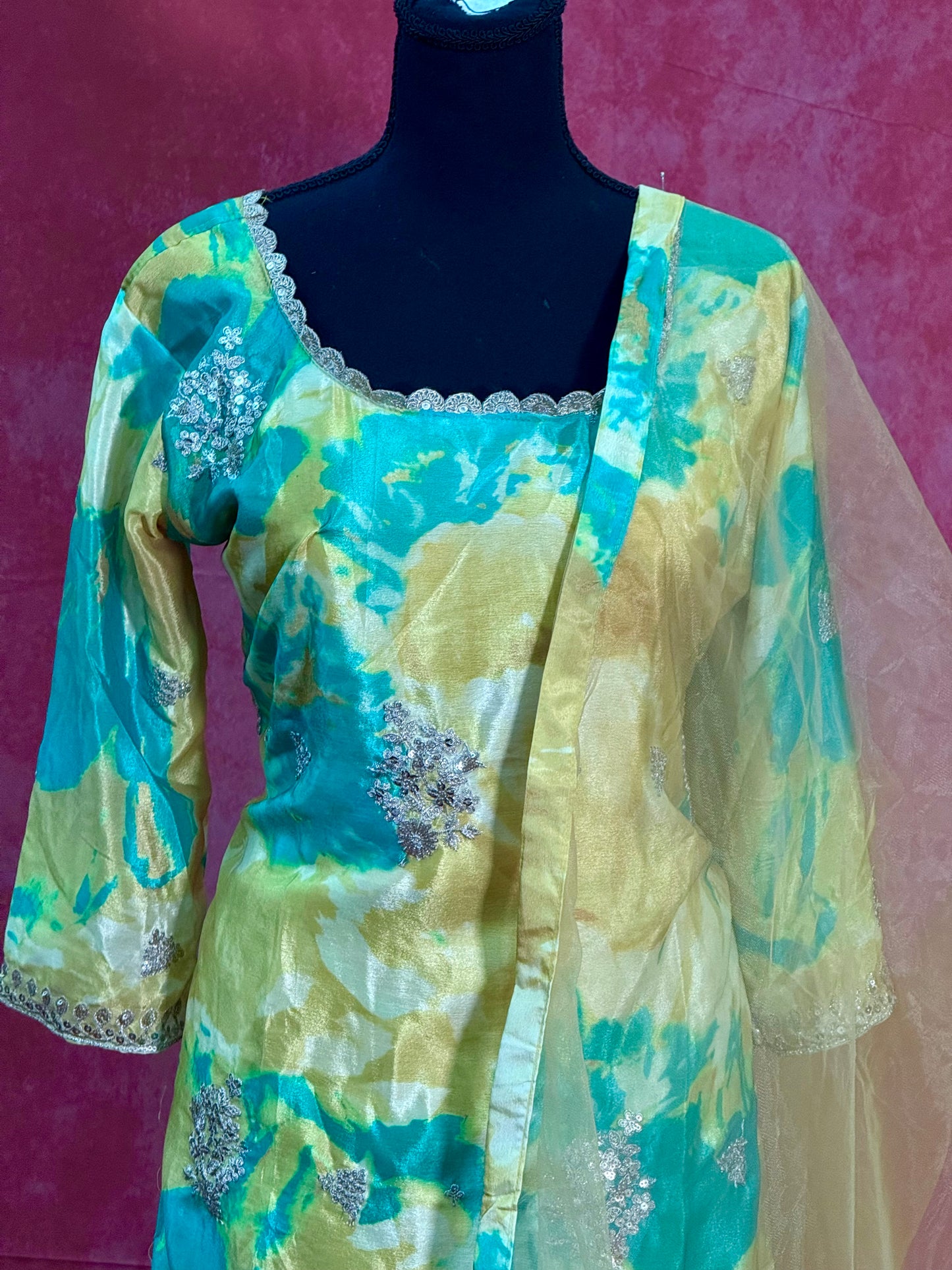 Vibrant Green and Yellow Sharara Set with Silver Embellishments