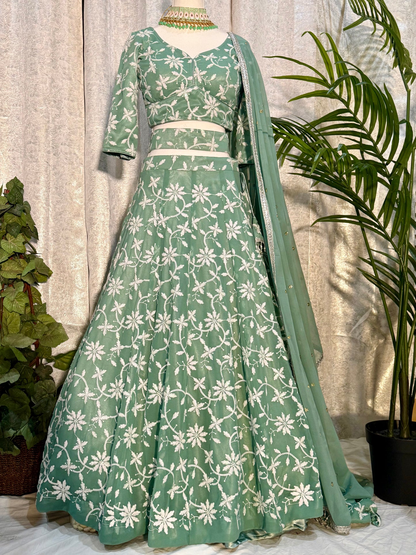 Light Green Georgette Ensemble with White Embroidery and Lace Details (with belt)